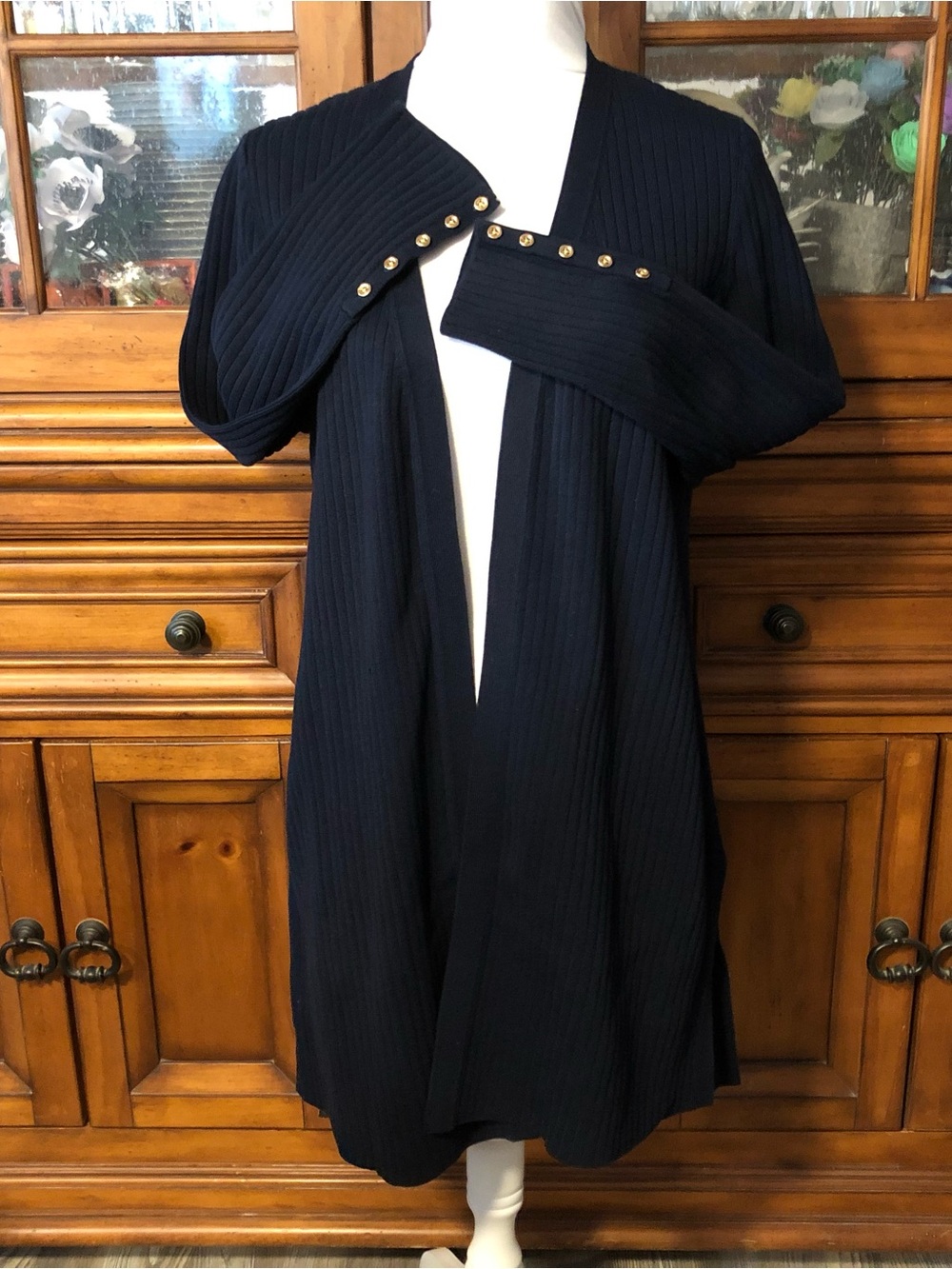 EUC Talbots Navy Ribbed Open-Front Cardigan with Gold Button Accents